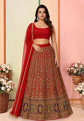 Deep Red Zari Embroidered Crepe Lehenga Set
