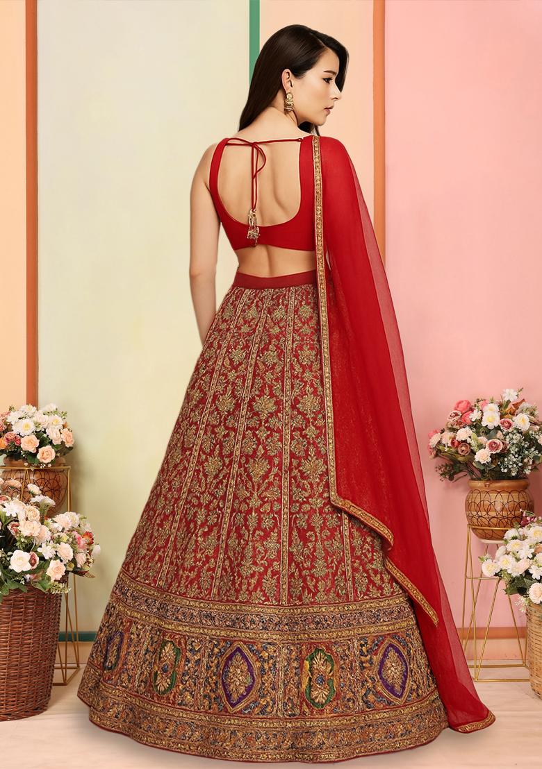 Deep Red Zari Embroidered Crepe Lehenga Set - Indya