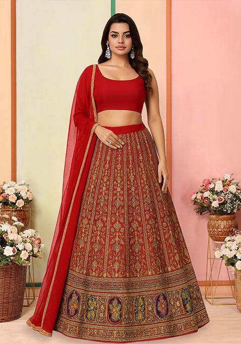 Deep Red Zari Embroidered Crepe Lehenga Set