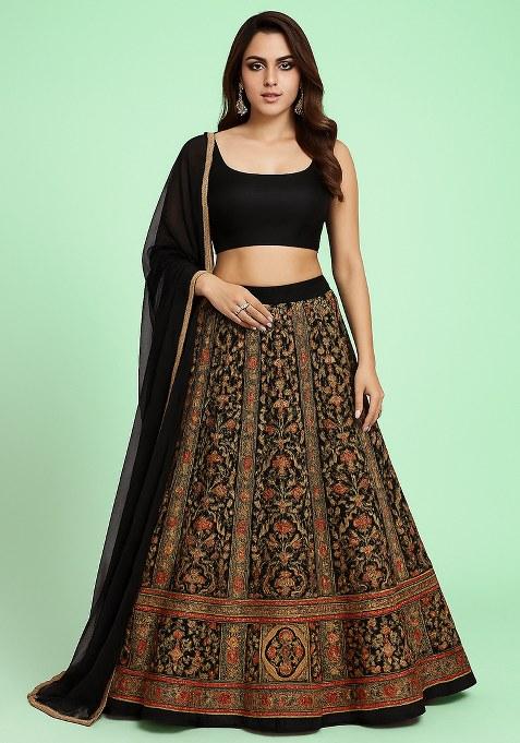Black Zari Embroidered Crepe Lehenga Set