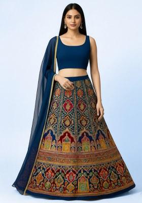 Teal Blue Embroidered Crepe Lehenga Set