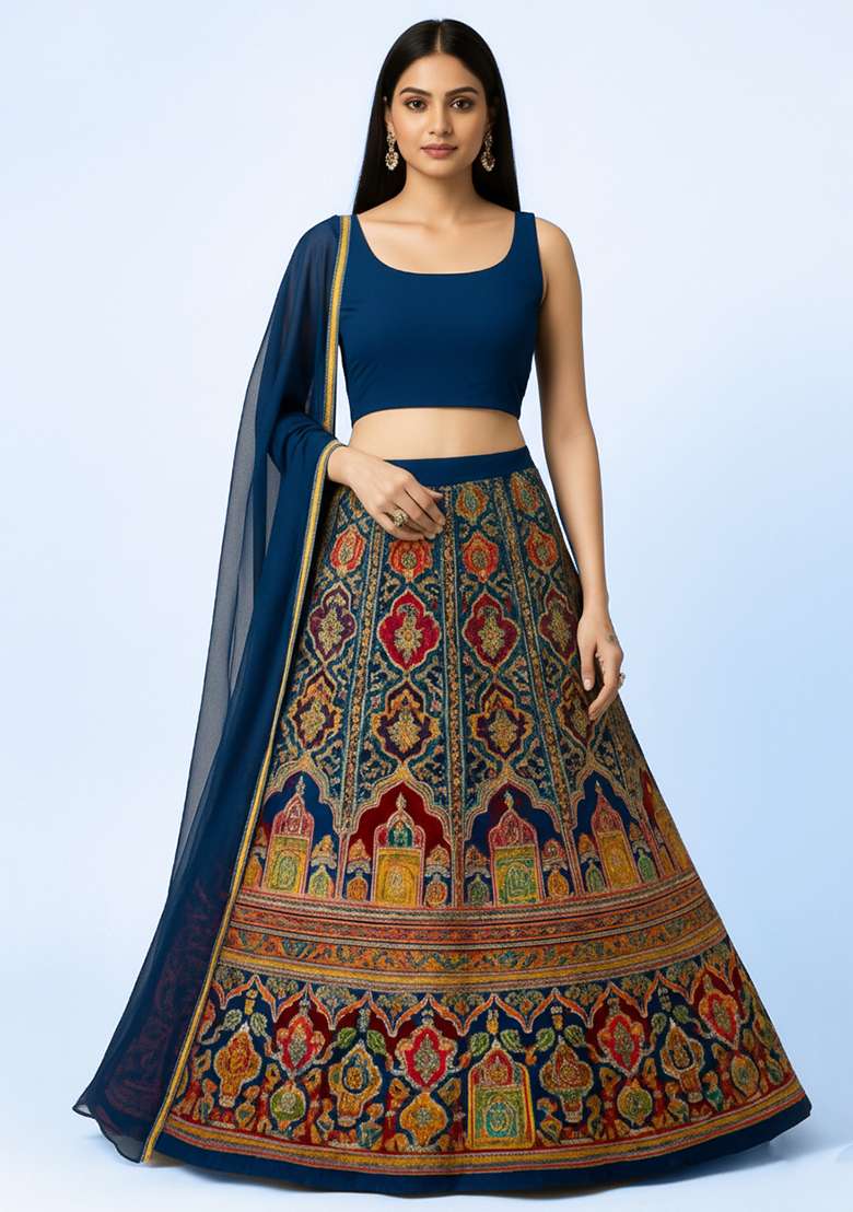 Teal Blue Embroidered Crepe Lehenga Set - Indya