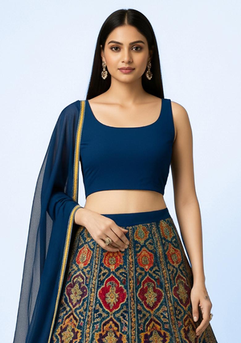 Teal Blue Embroidered Crepe Lehenga Set - Indya