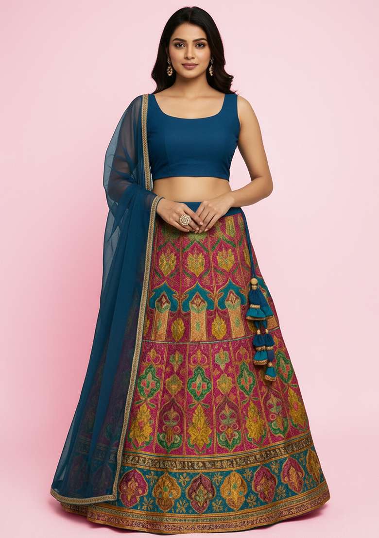 Deep Teal Blue Printed Crepe Lehenga Set - Indya