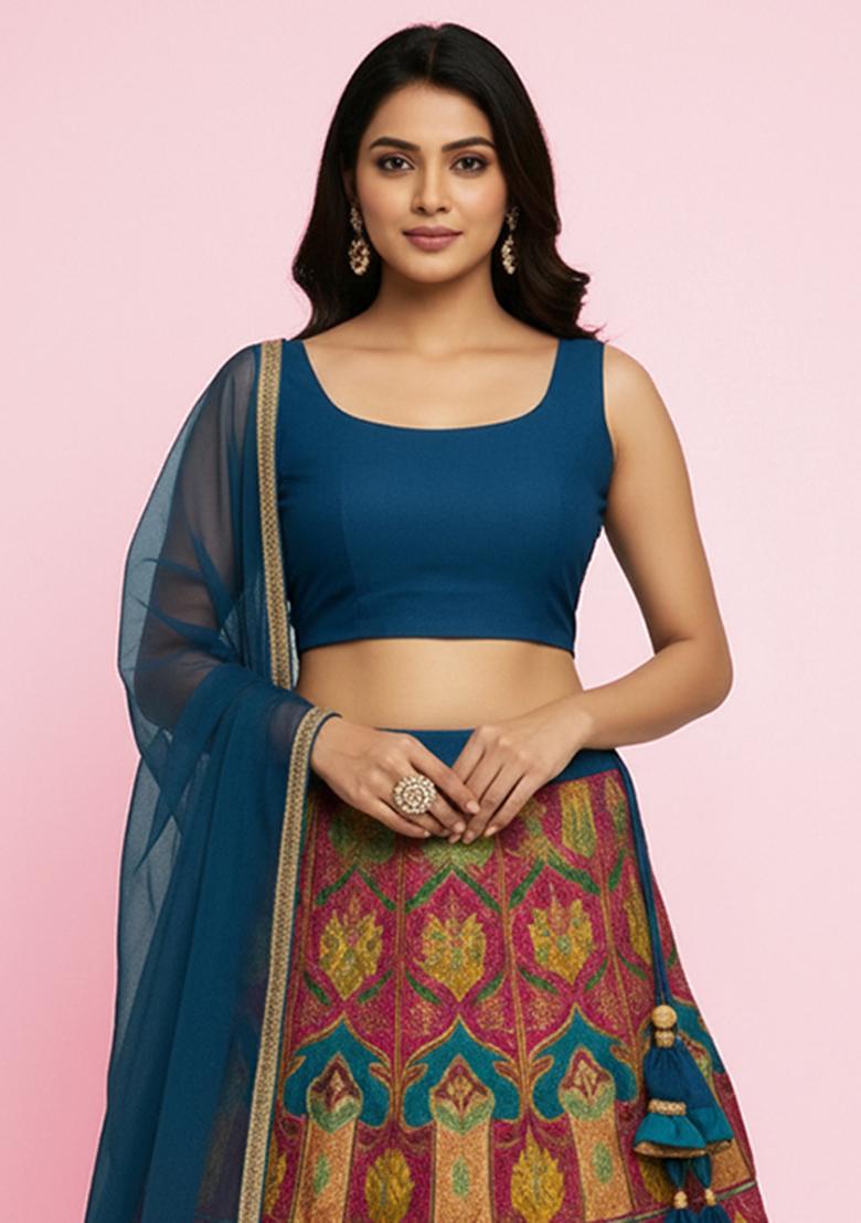 Deep Teal Blue Printed Crepe Lehenga Set - Indya