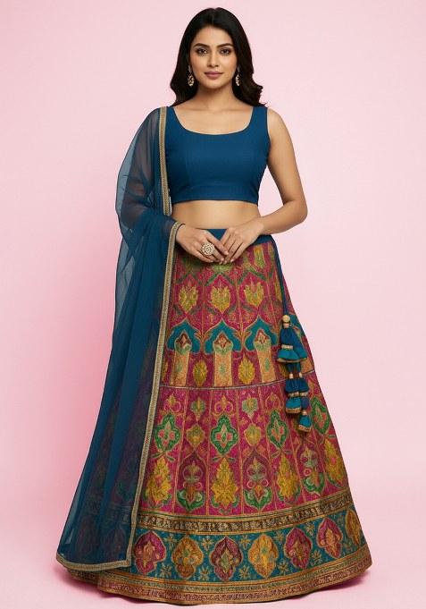 Deep Teal Blue Printed Crepe Lehenga Set