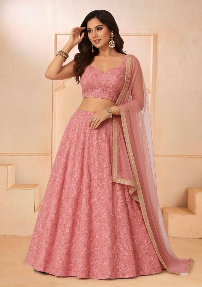 Dusty Rose Pink Sequin Embroidery Net Lehenga Set - Indya