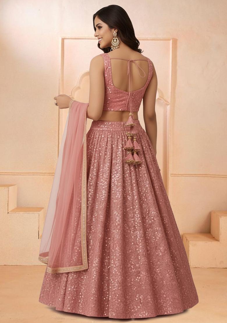 Dusty Rose Pink Sequin Embroidery Net Lehenga Set - Indya