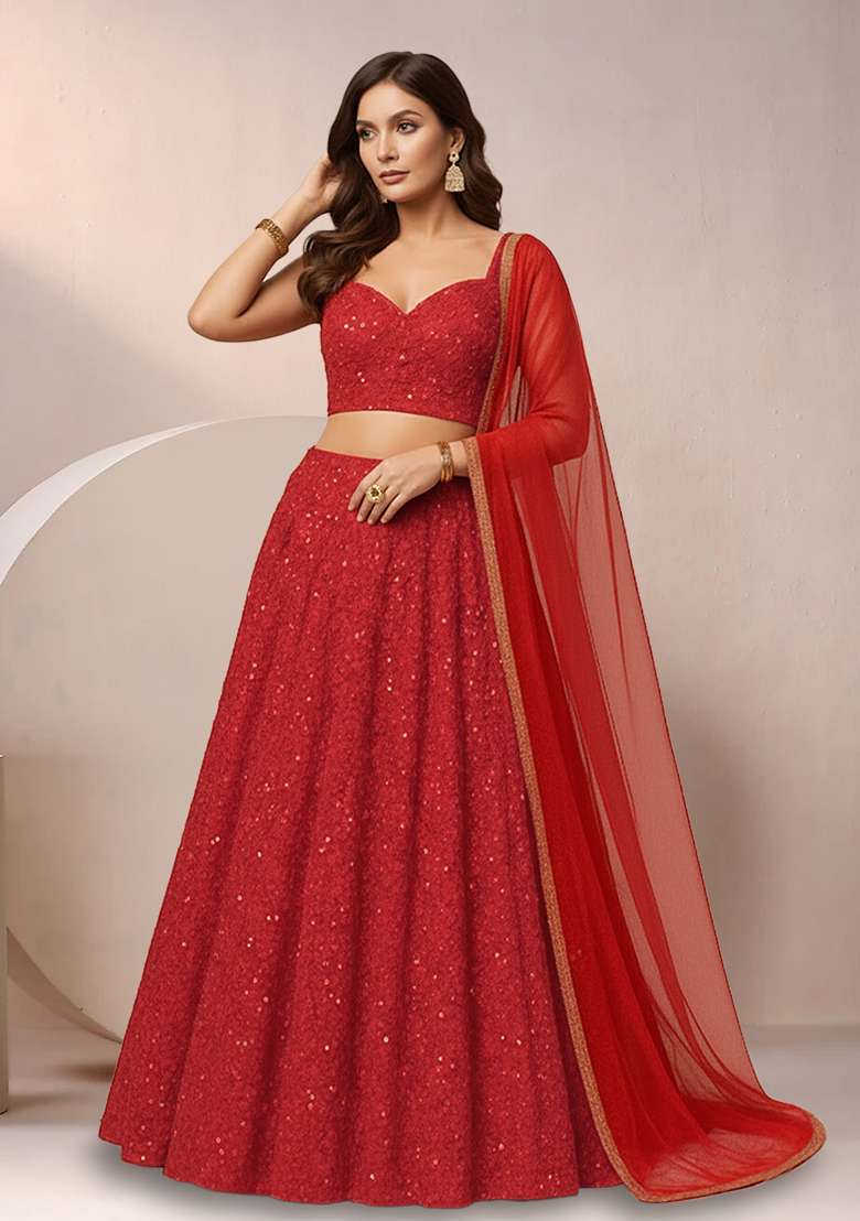 Deep Red Sequin Embroidery Net Lehenga Set - Indya