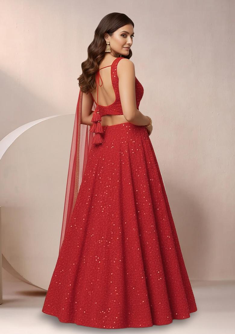 Deep Red Sequin Embroidery Net Lehenga Set - Indya
