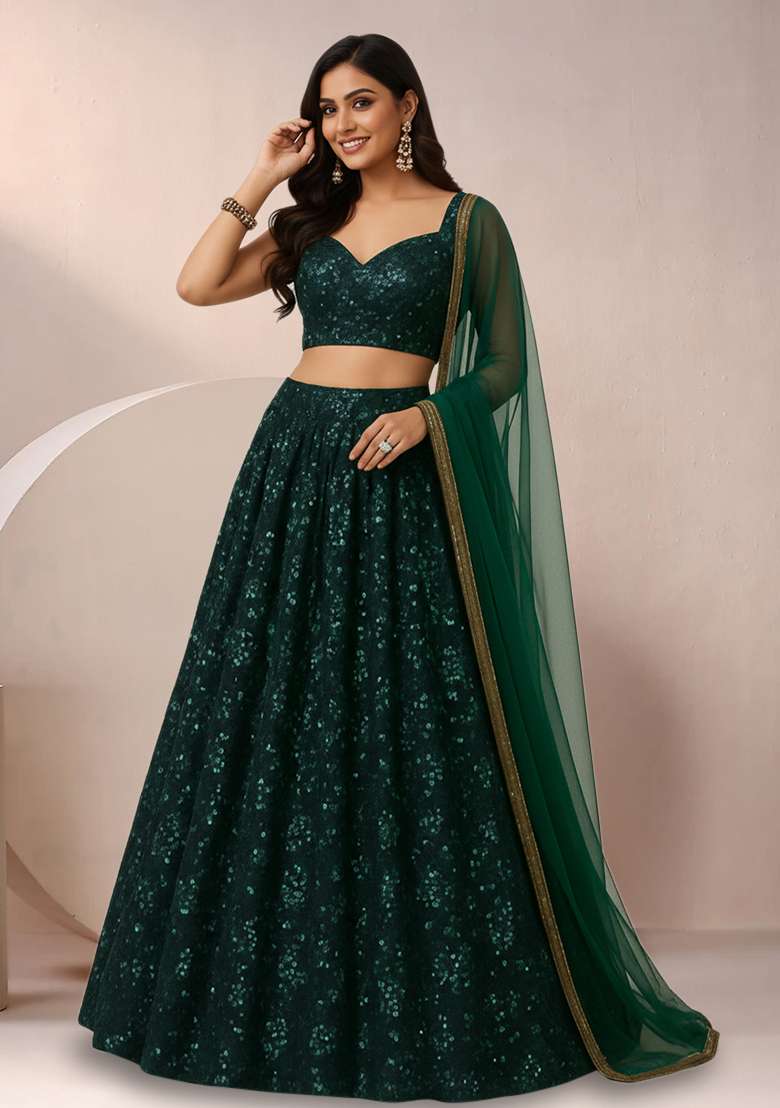 Emerald Green Sequin Embroidery Net Lehenga Set - Indya