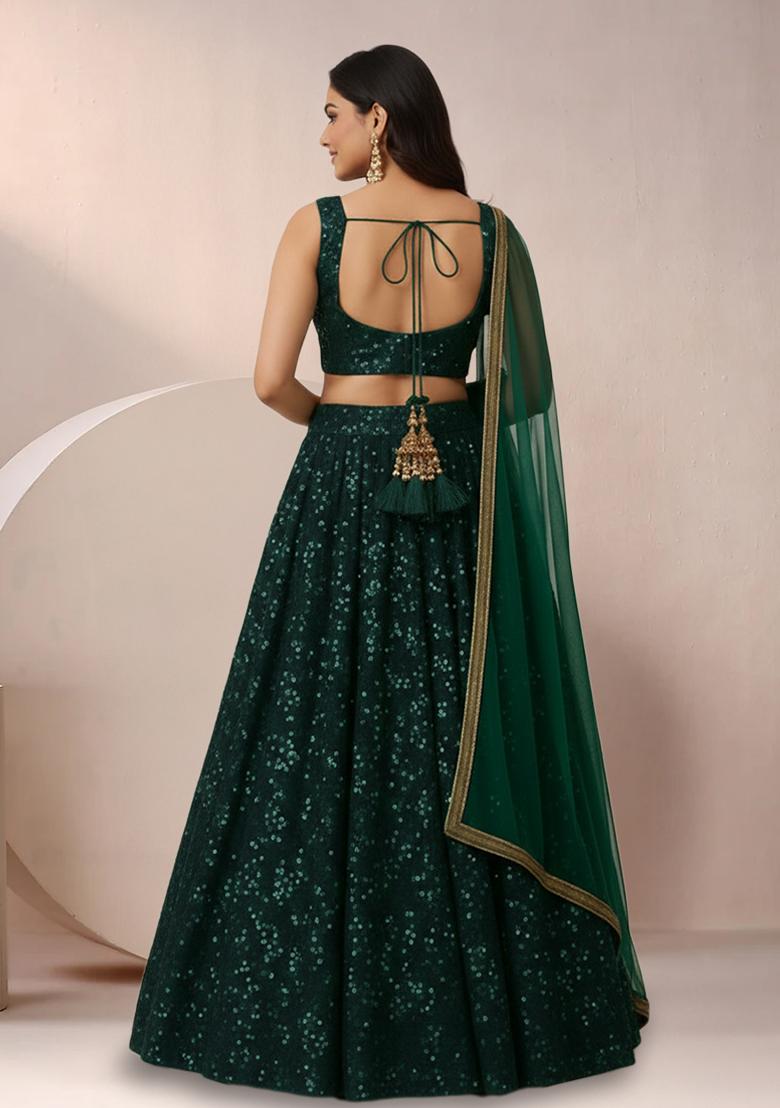 Emerald Green Sequin Embroidery Net Lehenga Set - Indya