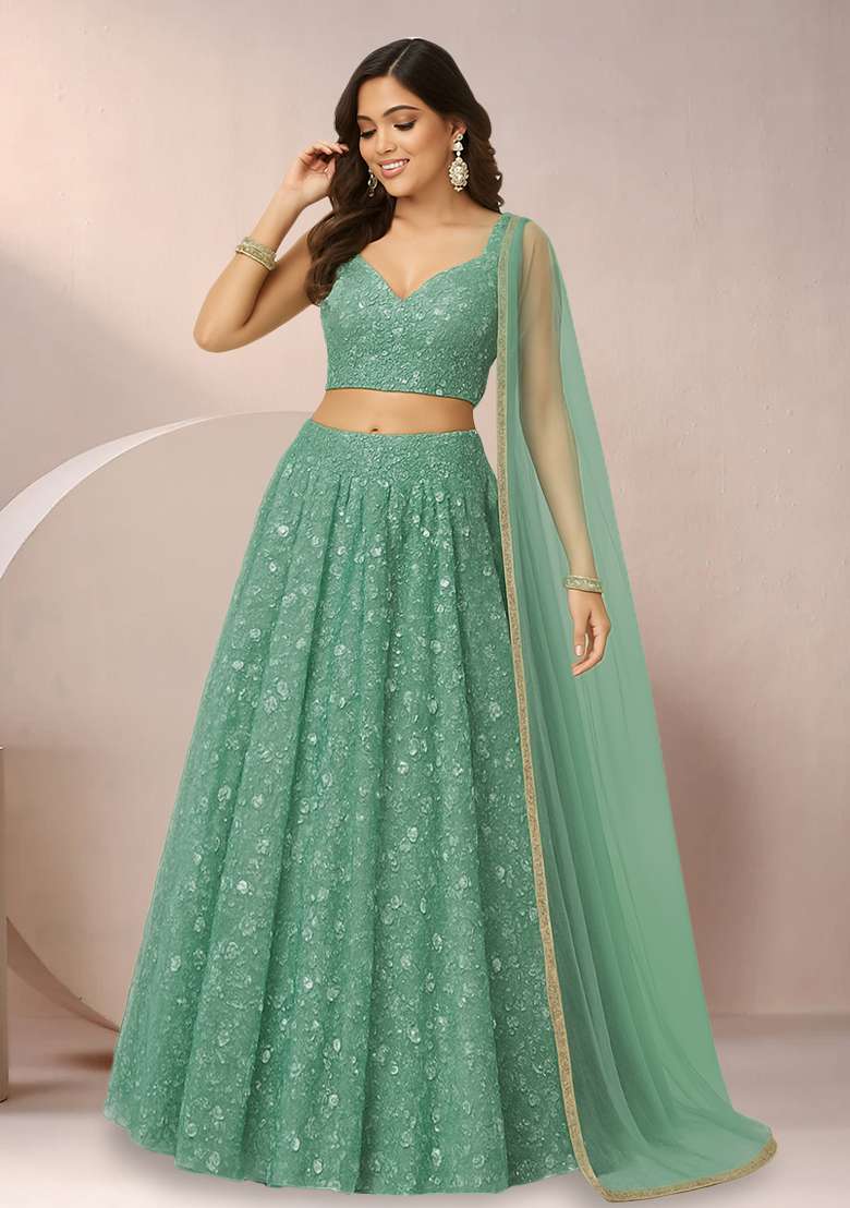 Mint Green Sequin Net Lehenga Set - Indya