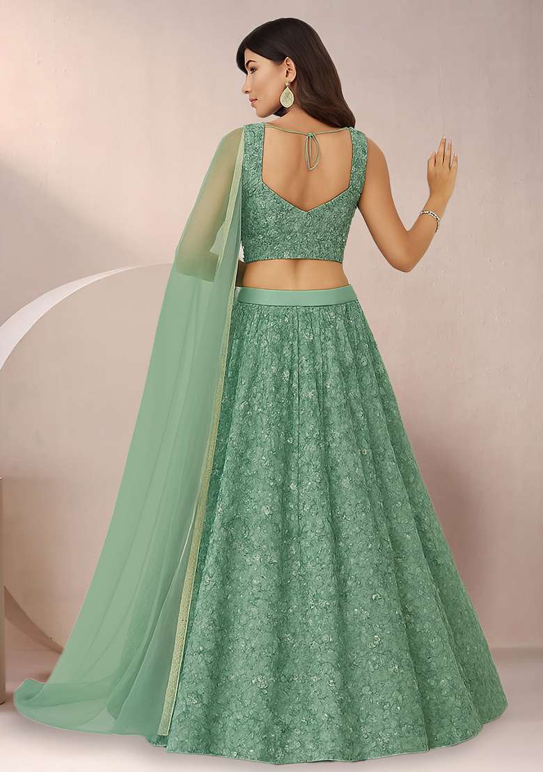 Mint Green Sequin Net Lehenga Set - Indya