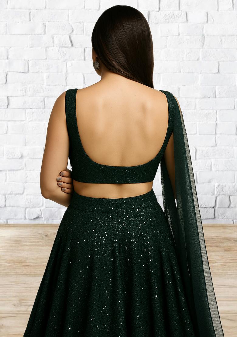 Green Sequin Embroidery Net Lehenga Set - Indya