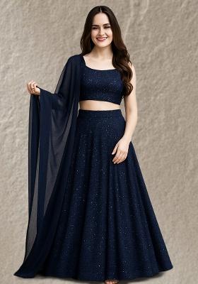 Navy Blue Sequin Net Lehenga Set