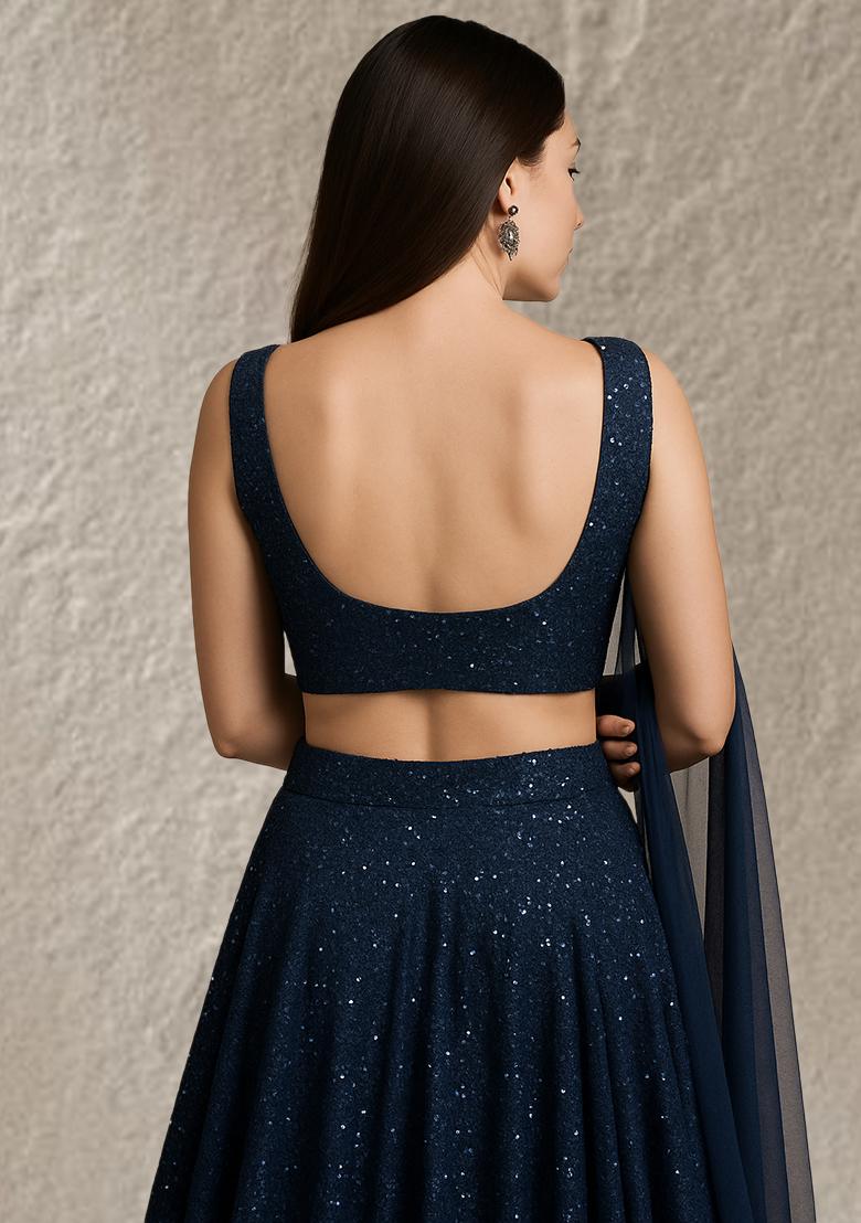 Navy Blue Sequin Net Lehenga Set - Indya