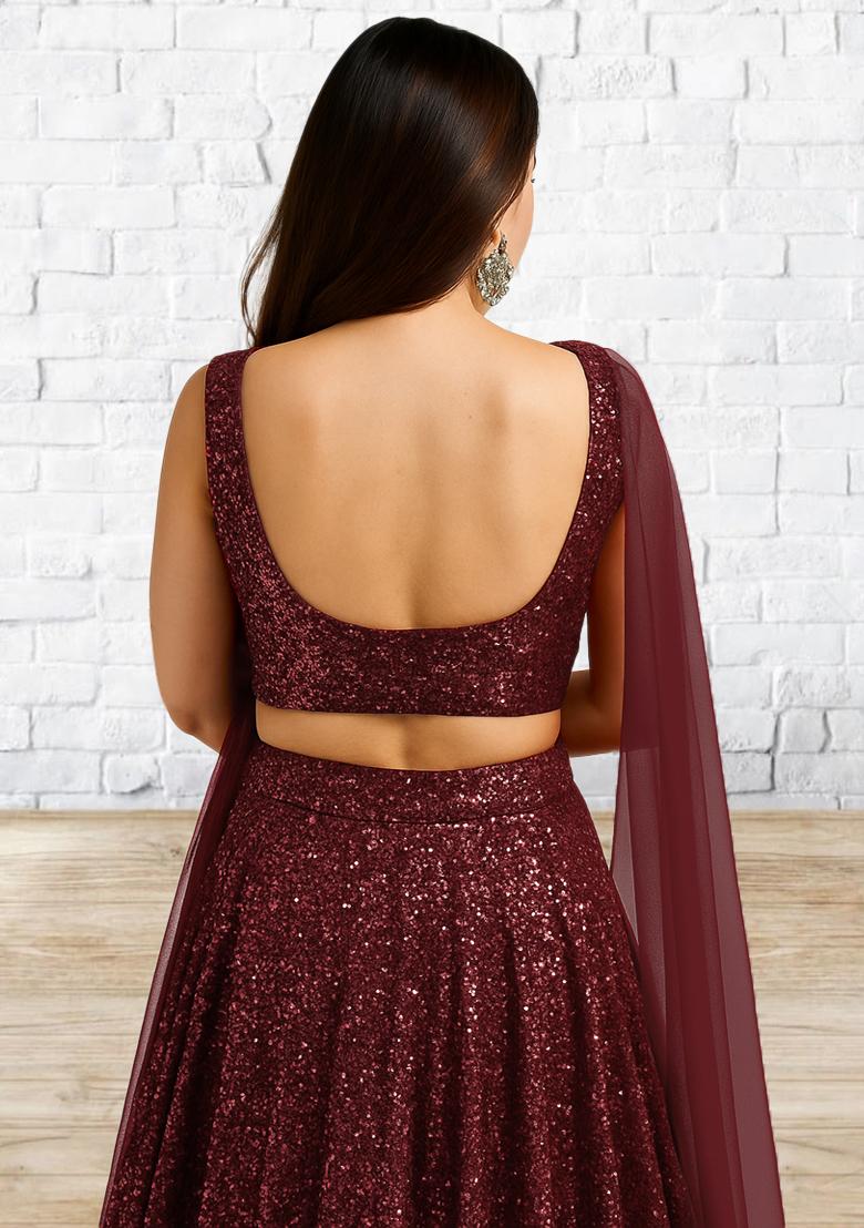 Burgundy Sequin Net Lehenga Set - Indya
