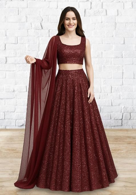 Burgundy Sequin Net Lehenga Set