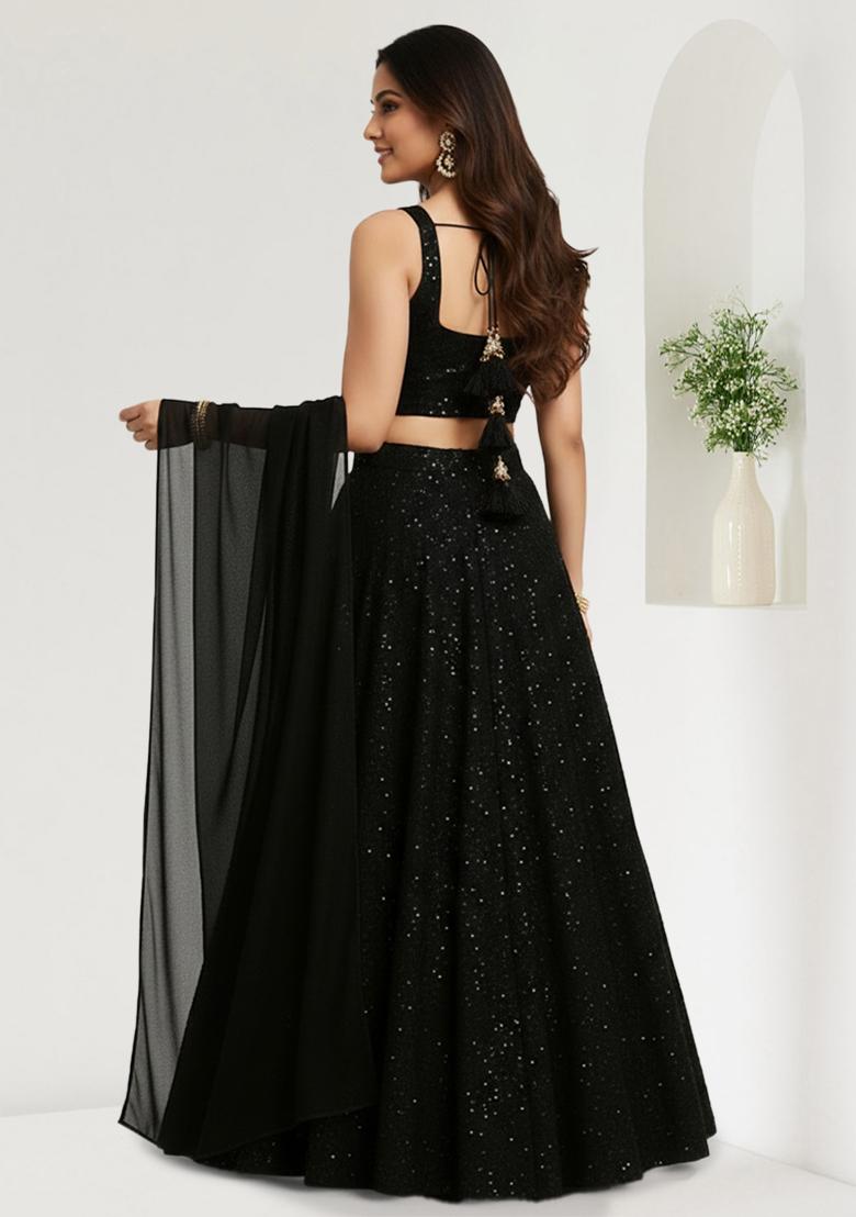 Black Sequin Net Lehenga Set - Indya