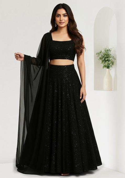 Black Sequin Net Lehenga Set