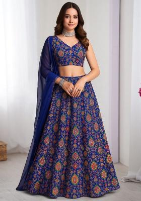 Royal Blue Printed Crepe Lehenga Set