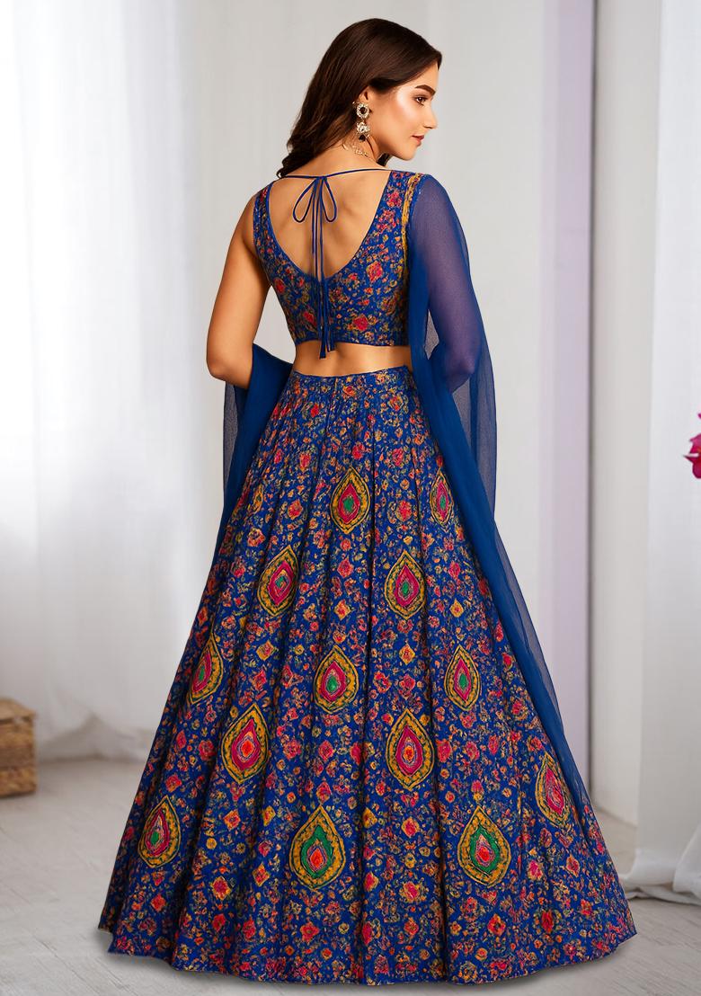 Royal Blue Printed Crepe Lehenga Set - Indya
