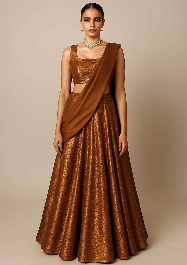Bronze Brown Lycra Lehenga Set with Sequin for Diwali | Wedding & Festive Wear - Indya