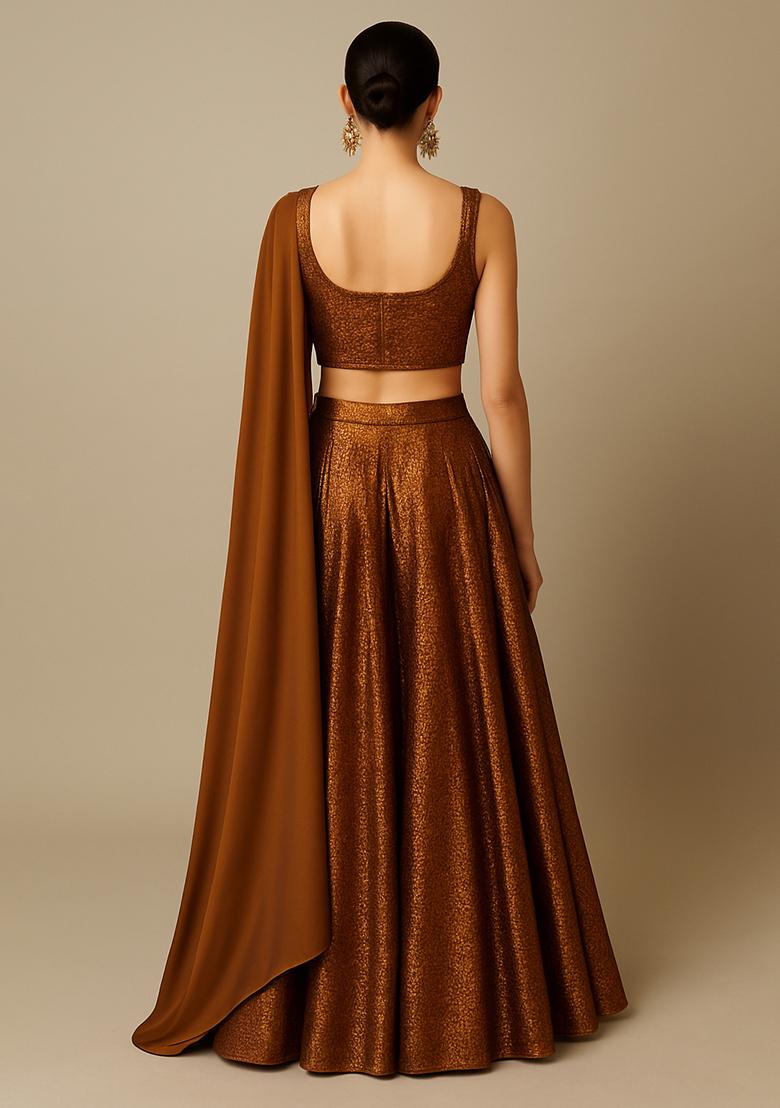 Bronze Brown Sequin Lycra Lehenga Set - Indya