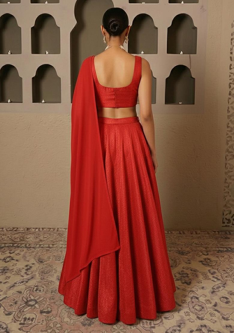 Tomato Red Self textured Lycra Lehenga Set - Indya