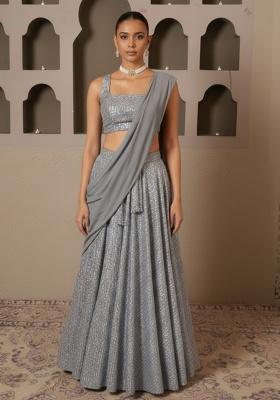 Silver Grey Sequin Lycra Lehenga Set