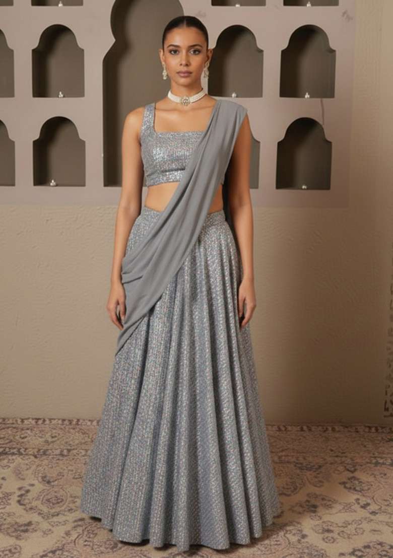 Silver Grey Sequin Lycra Lehenga Set for Diwali and Festive Wear - Indya