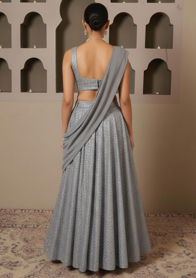 Silver Grey Sequin Lycra Lehenga Set - Indya