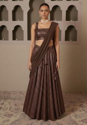 Dark Brown Sequin Lycra Lehenga Set