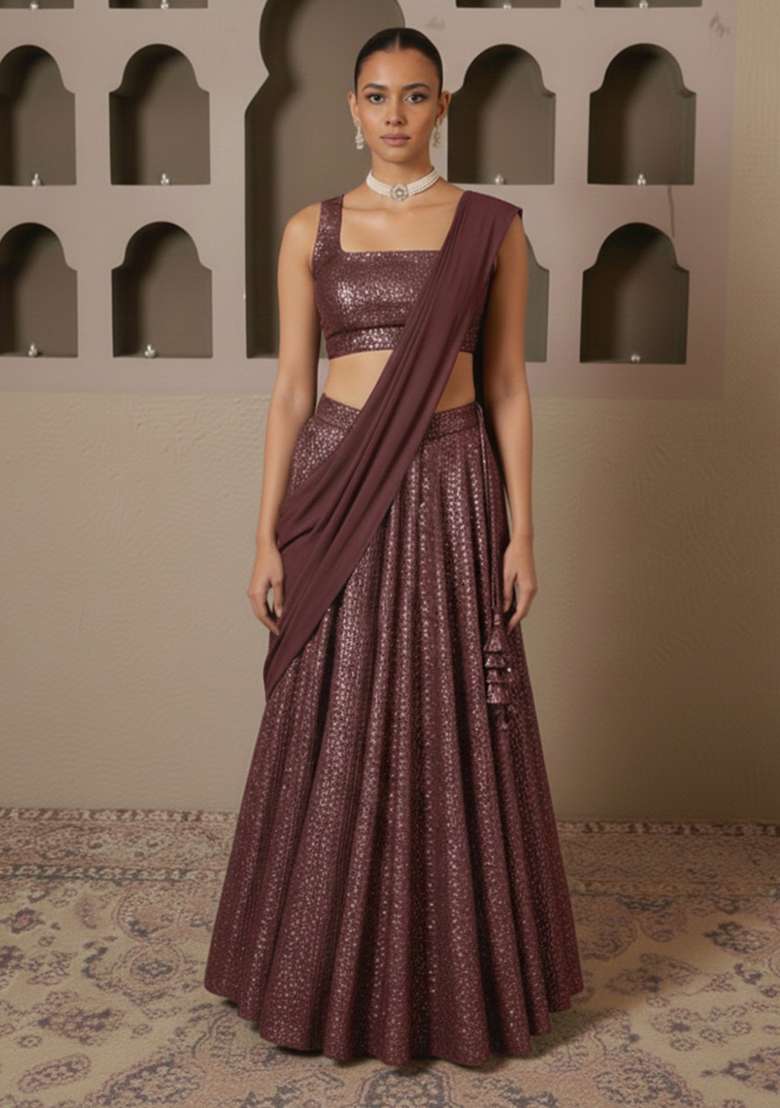 Dark Brown Lycra Lehenga Set with Sequin for Diwali | Wedding & Festive Wear - Indya