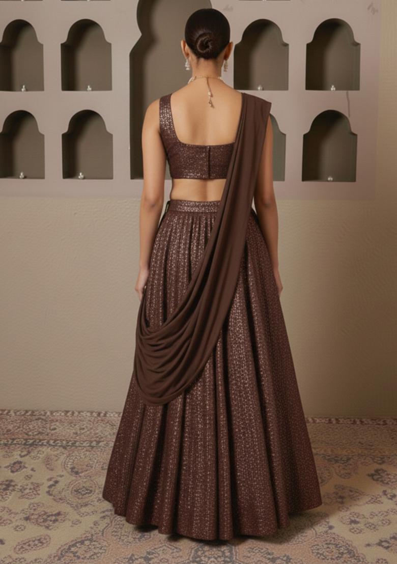 Dark Brown Sequin Lycra Lehenga Set - Indya