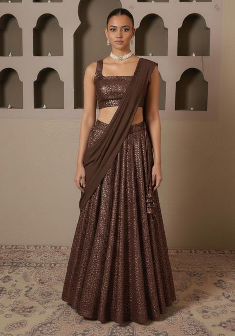 Dark Brown Sequin Lycra Lehenga Set