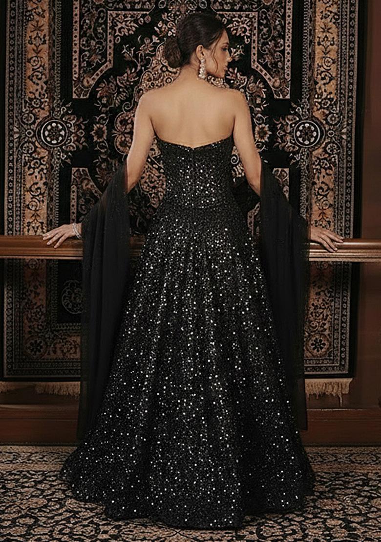 Black Sequin Net Lehenga Set - Indya