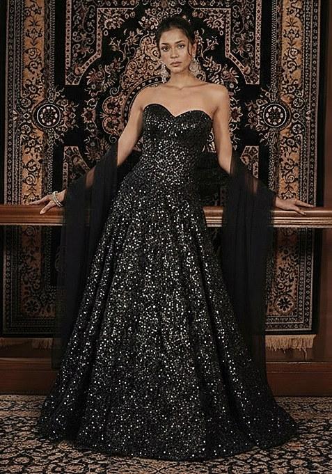 Black Sequin Net Lehenga Set