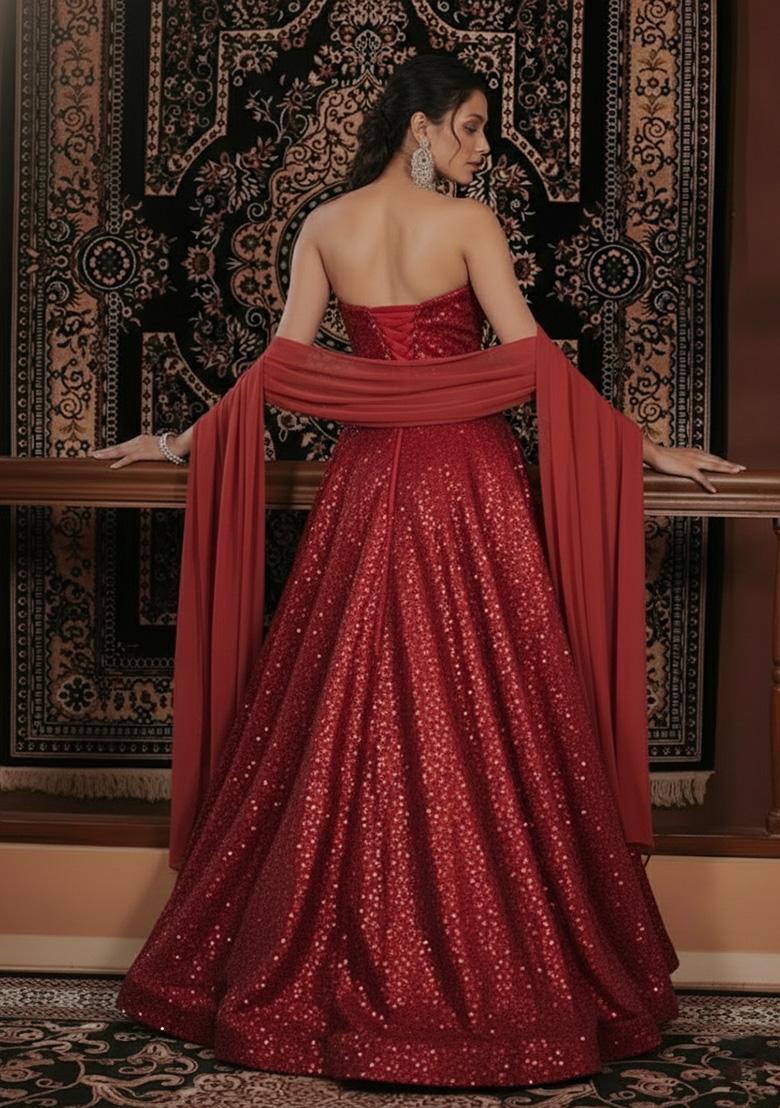 Red Sequin Net Lehenga Set - Indya