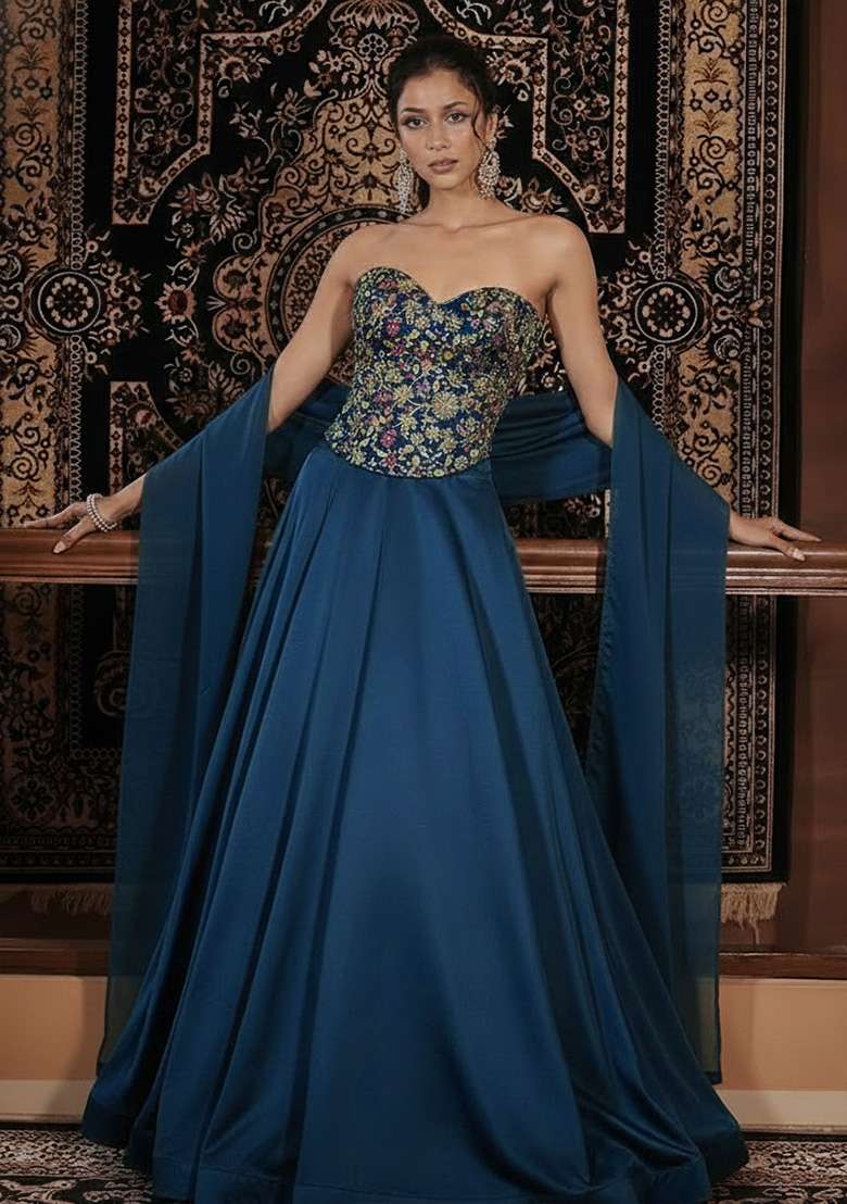 Blue Embroidered Georgette Lehenga Set - Indya