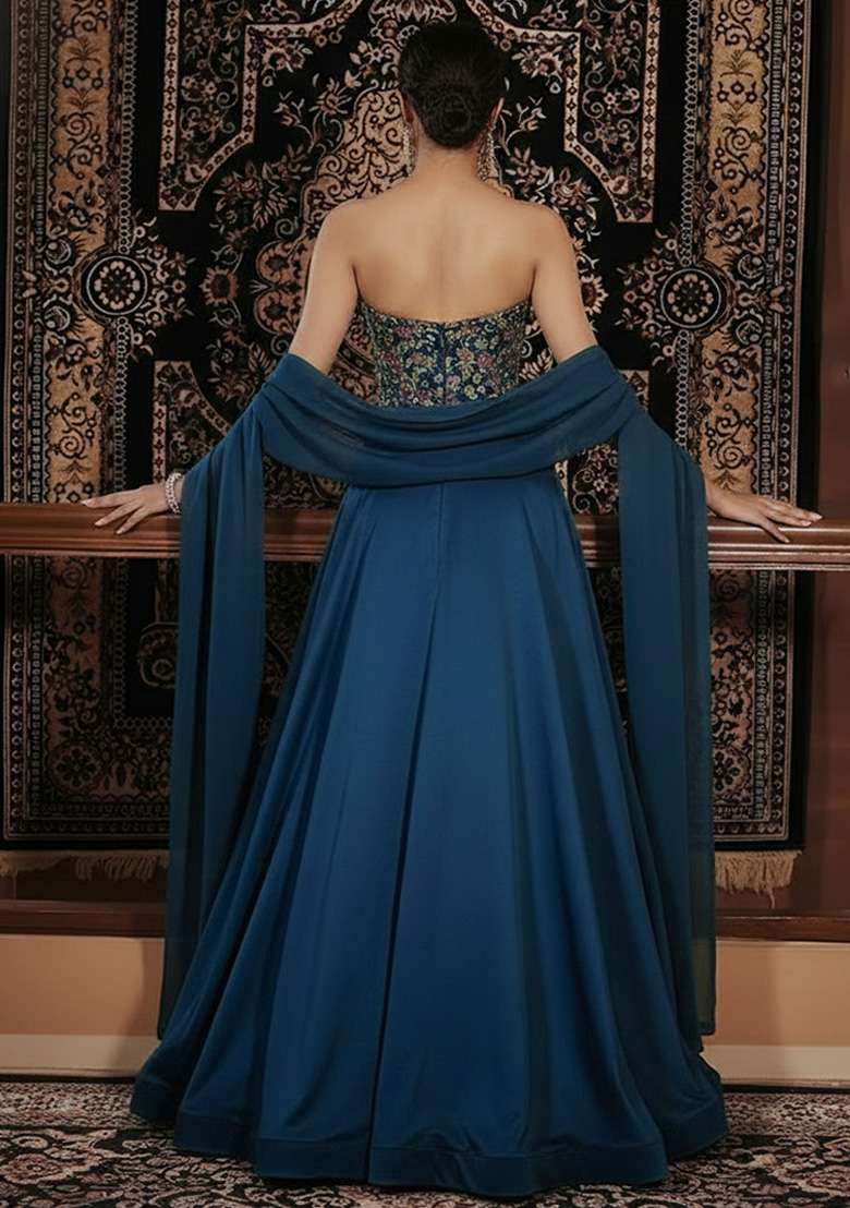 Blue Embroidered Georgette Lehenga Set - Indya