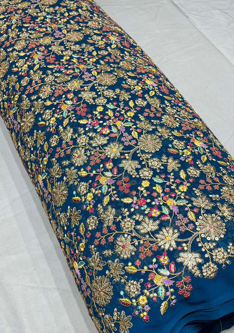 Blue Embroidered Georgette Lehenga Set - Indya