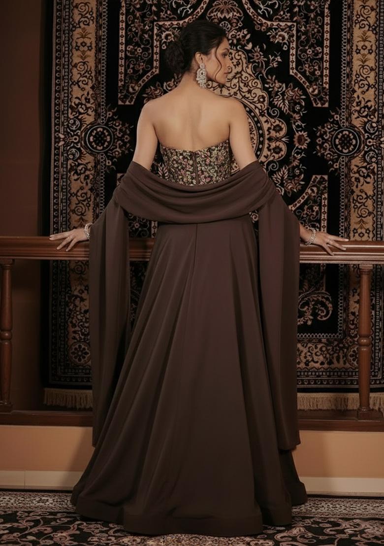 Brown Embroidered Georgette Lehenga Set - Indya