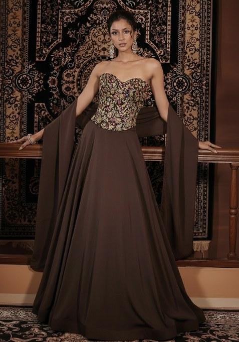 Brown Embroidered Gerogette Lehenga Set