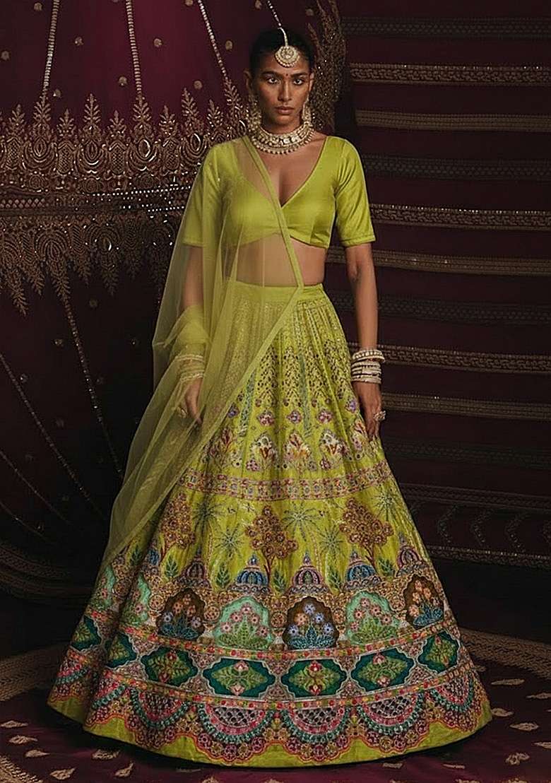 Green Embroidered Crepe Lehenga Set - Indya