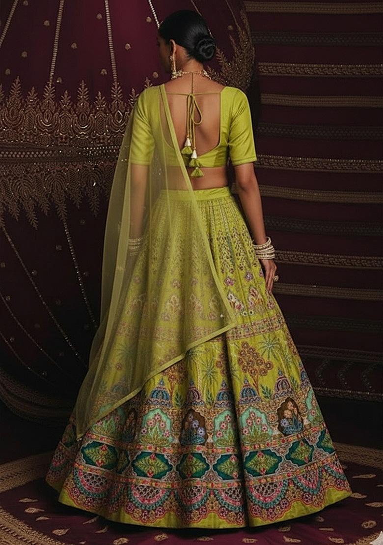 Green Embroidered Crepe Lehenga Set - Indya
