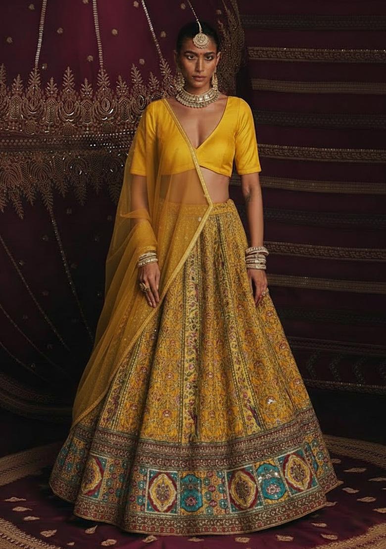 Yellow Embroidered Crepe Lehenga Set - Indya