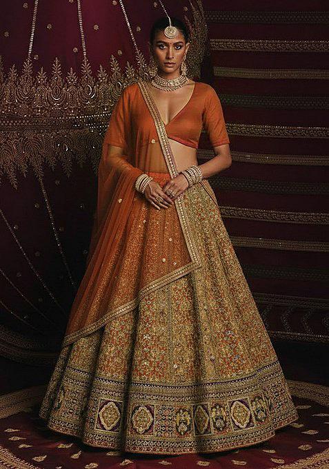 Rust Embroidered Crepe Lehenga Set