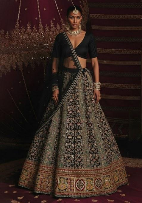 Black Embroidered Crepe Lehenga Set